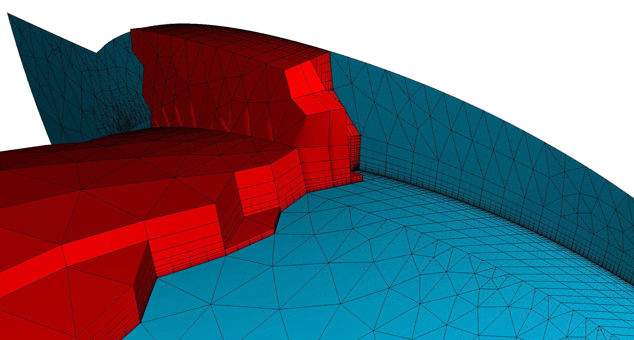 A cut through of the high-order curvilinear hybrid mesh on the Rotor 67 research model.