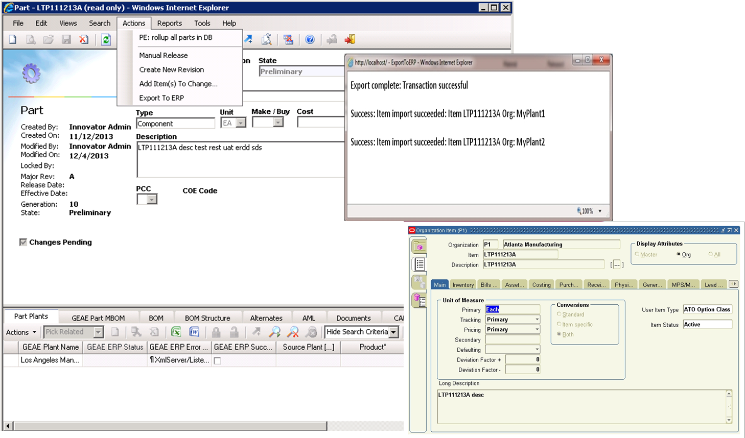 Innovator engineering part export to Oracle ERP